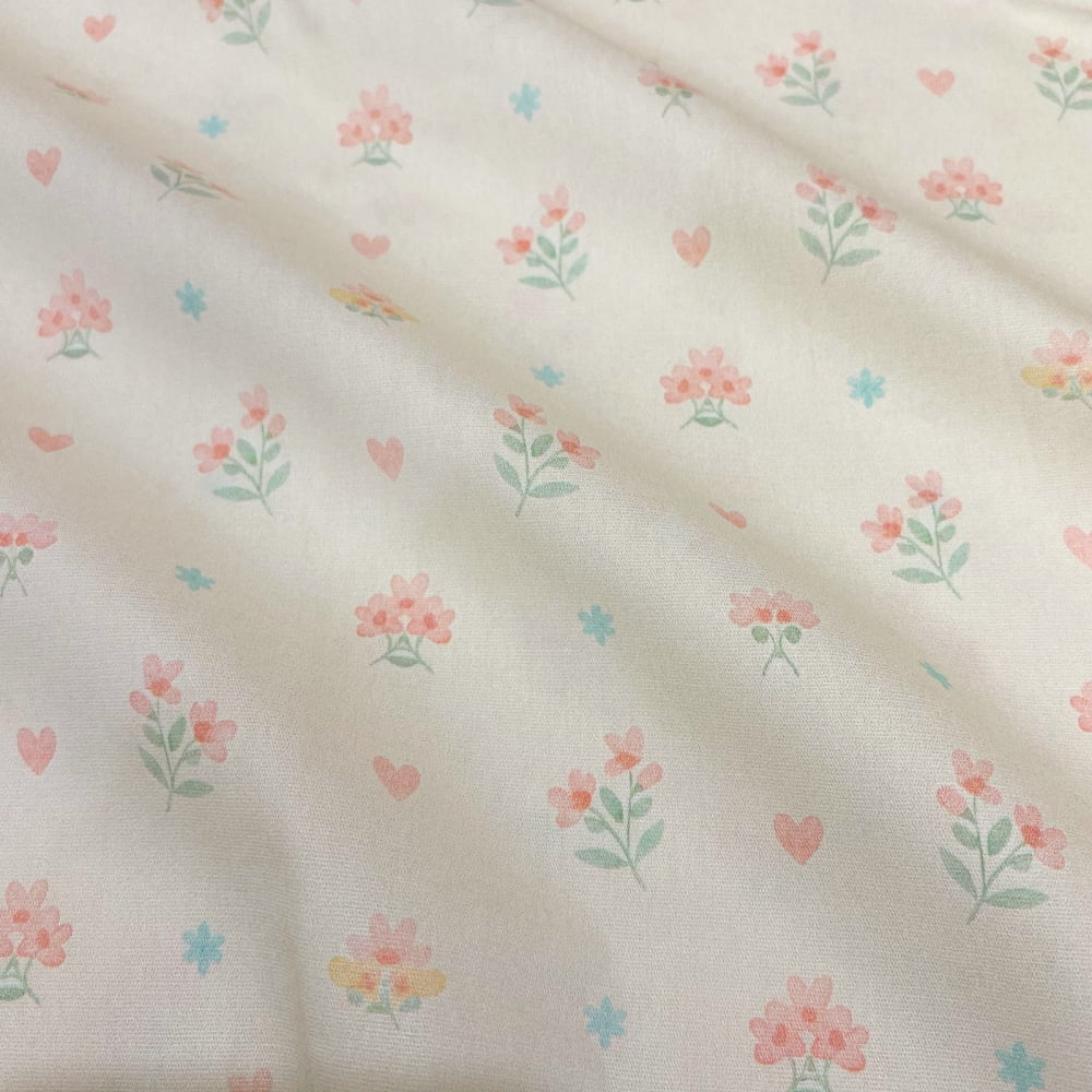 Tecido Tricoline Digital Floral Pequeno Rosa Amarelo Azul Fundo Cru (Baby Garden)