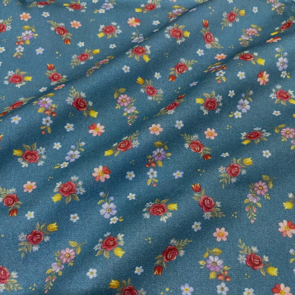 Tecido Tricoline Digital Floral Raminhos Fundo Azul - Coleção Bauer
