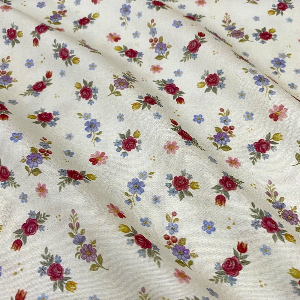 Tecido Tricoline Digital Floral Raminhos Fundo Cru - Coleção Bauer