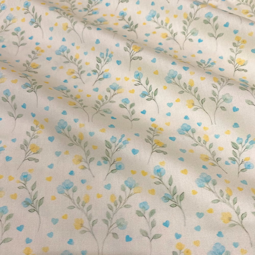 Tecido Tricoline Digital Floral Ramos Azul Amarelo Coleção Florzinha Romântica