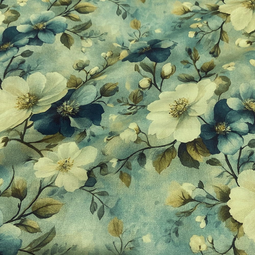 Tecido Tricoline Digital Floral Romântico Medio Azul - Coleção Le Bleu