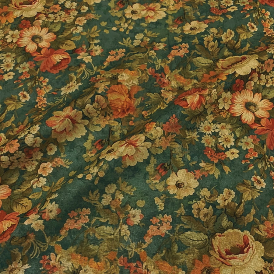 Tecido Tricoline Digital Floral Romântico Médio Fundo Azul (Coleção Floral Vintage)
