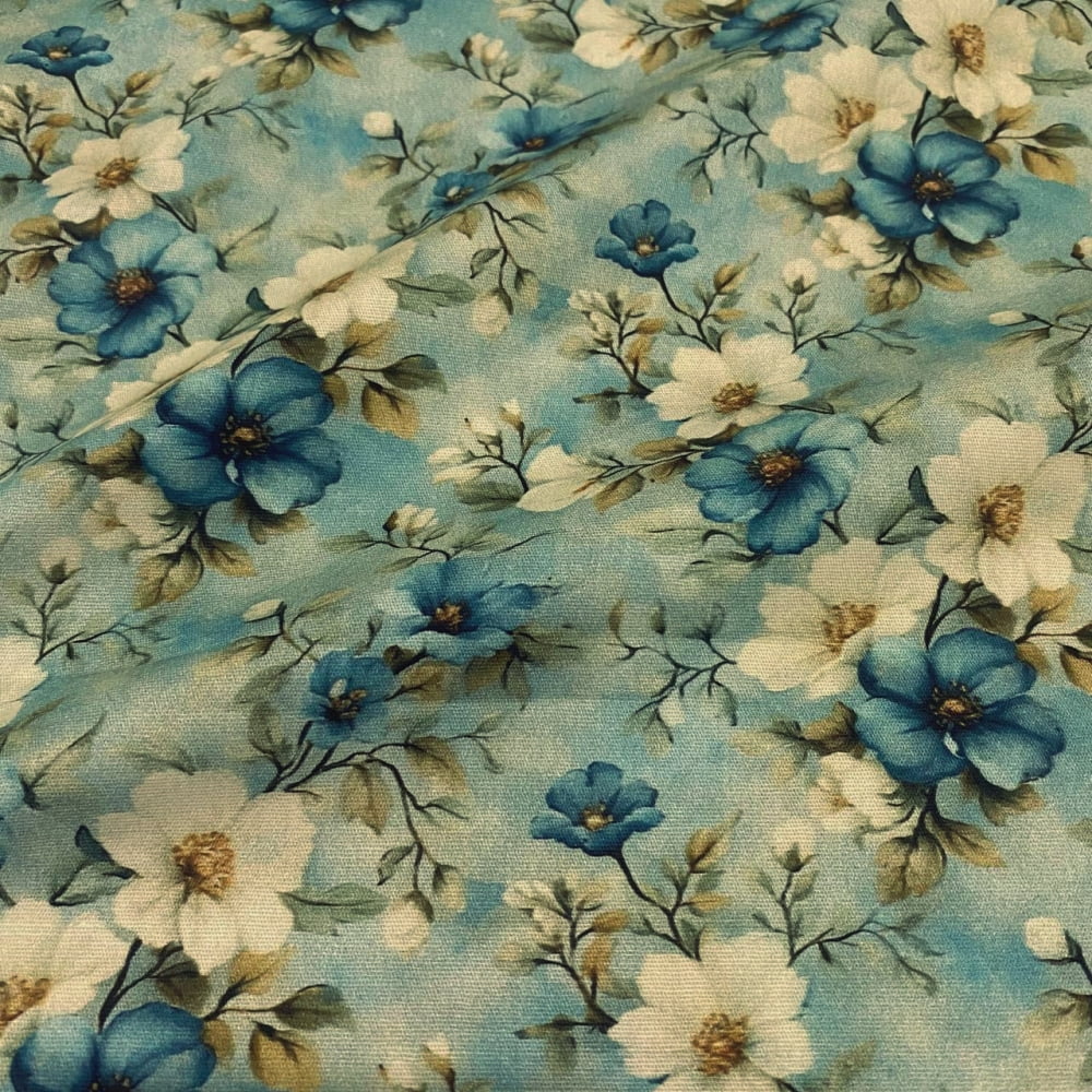 Tecido Tricoline Digital Floral Romântico Pequeno Azul - Coleção Le Bleu