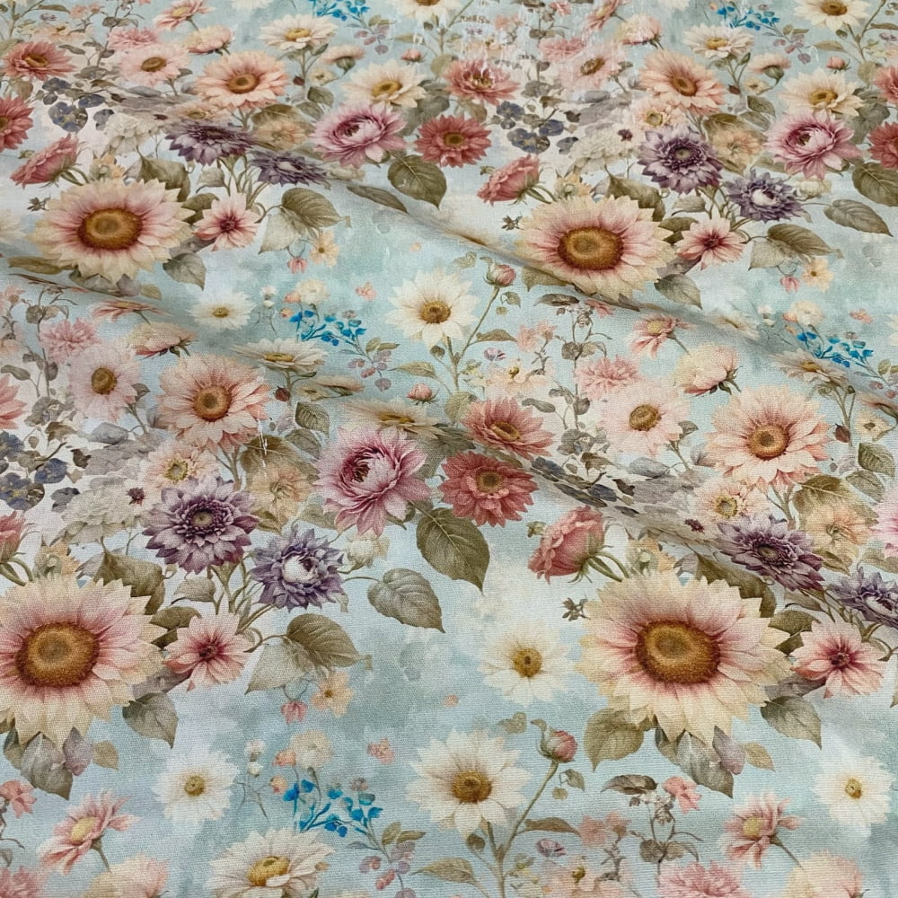 Tecido Tricoline Digital Floral Romantico Vintage Fundo Azul