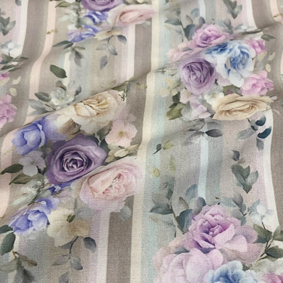 Tecido Tricoline Digital Floral Rosas Lilás Listras Coleção Lavandisca  