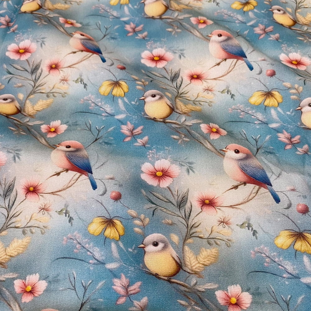 Tecido Tricoline Digital Flores e Passaros Passaredo Azul Rosa Amarelo