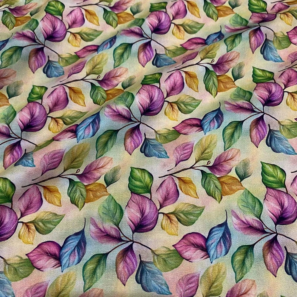 Tecido Tricoline Digital Folhagem Colorida Verde e Roxo