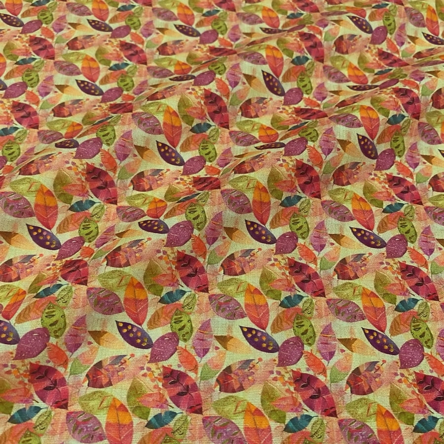 Tecido Tricoline Digital Folhas Abstratas Vibrantes Rosa, Laranja e Amarelo