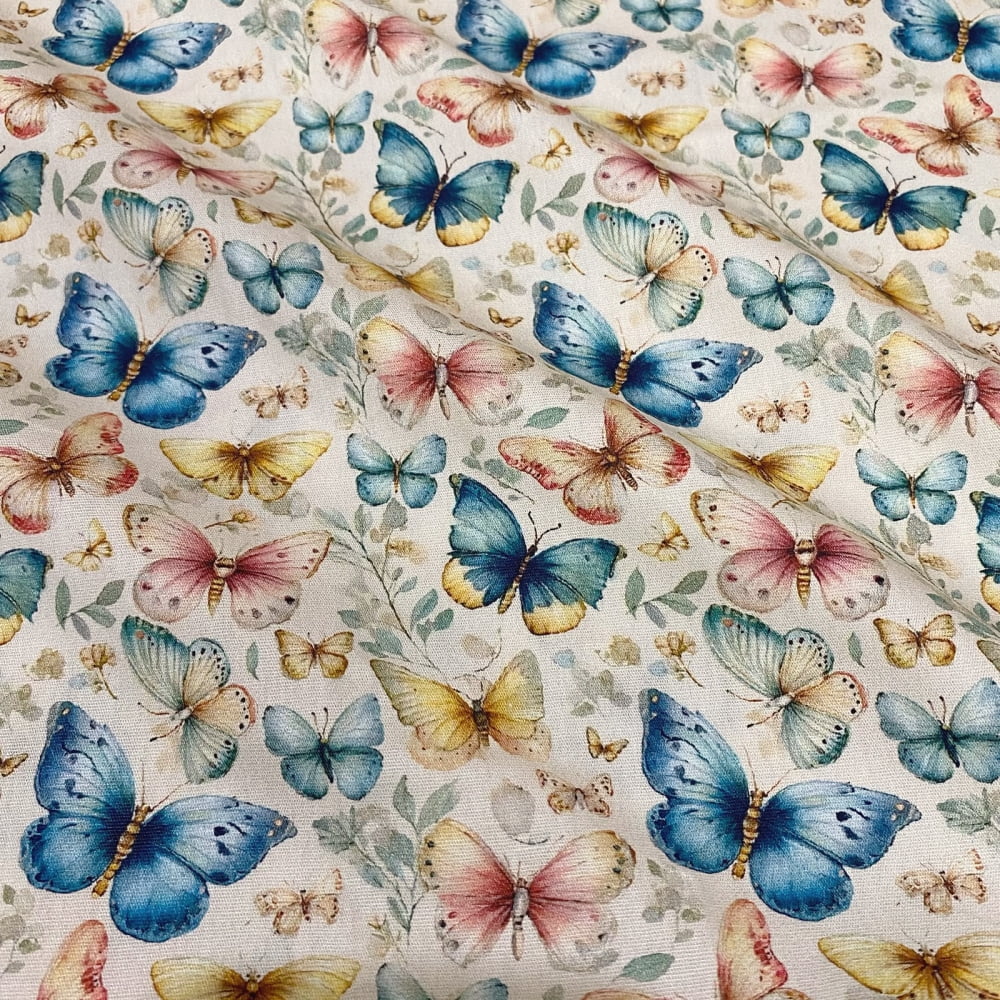 Tecido Tricoline Digital Folhas e Borboletas Fundo Cru (Pastel Floral)