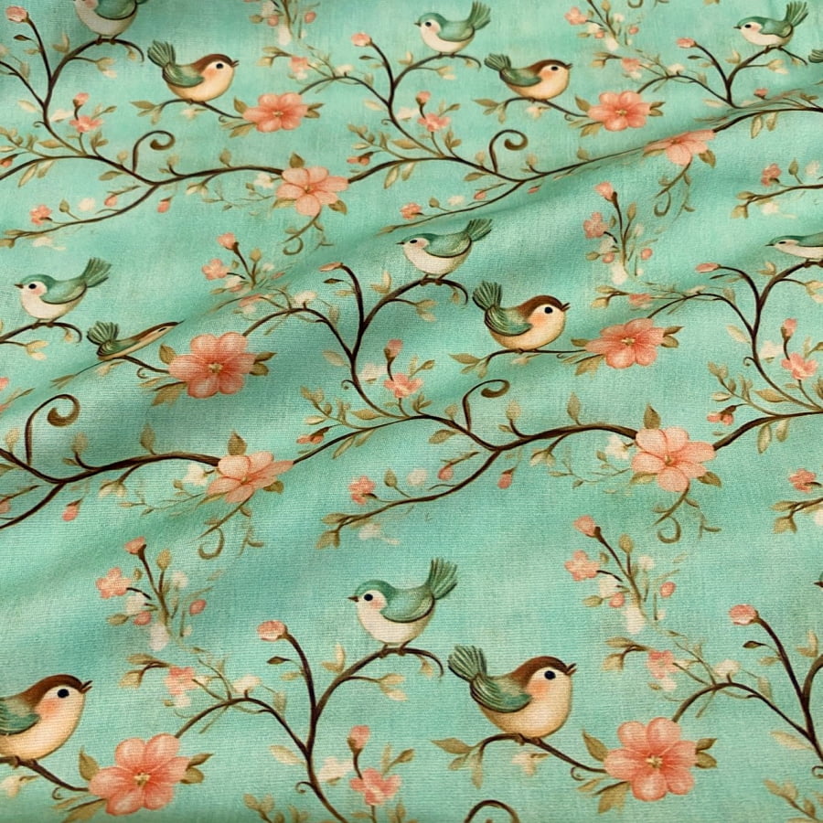 Tecido Tricoline Digital Galhos Flores e Passarinhos Coleção Dreamy  