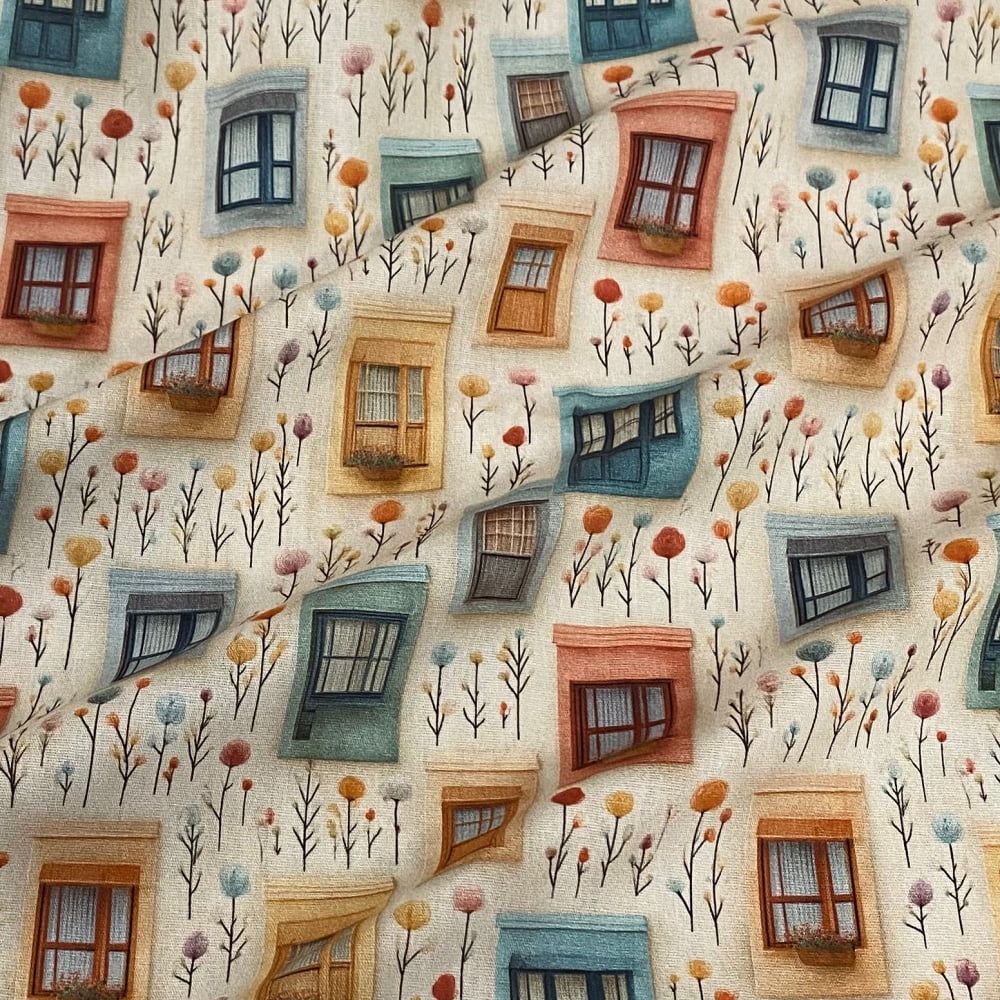 Tecido Tricoline Digital Janelas Coloridas e Flores Vilarejo