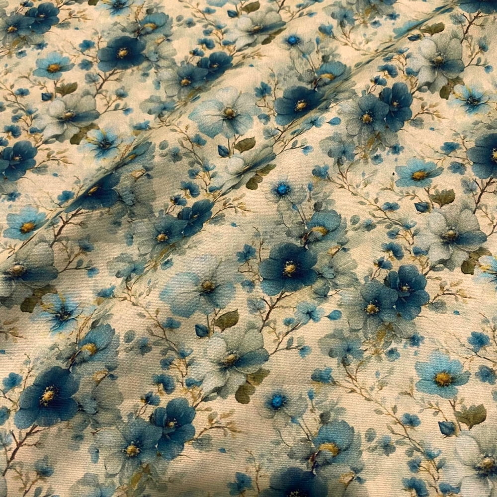 Tecido Tricoline Digital Mini Floral Romântico Azul - Coleção Le Bleu