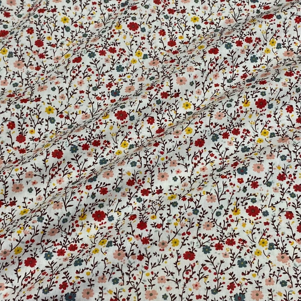 Tecido Tricoline Mini Floral Vintage Colorido Fundo Branco