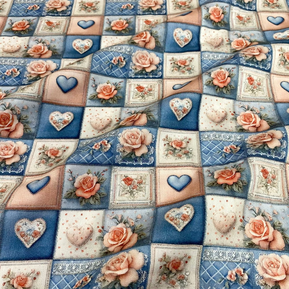 Tecido Tricoline Digital Quadradinhos Floral e Corações Rose Azul (Shabby Love)