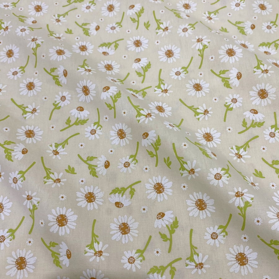 Tecido Tricoline floral margaridas branco fundo cru