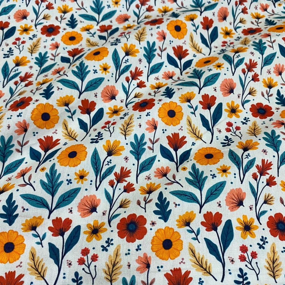 Tecido Tricoline Floral Diversos Vermelho e Laranja Fundo Off