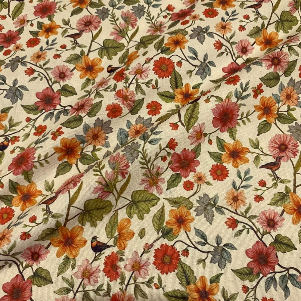 Tecido Tricoline Floral e Animais Boho Tropical Fundo Off White