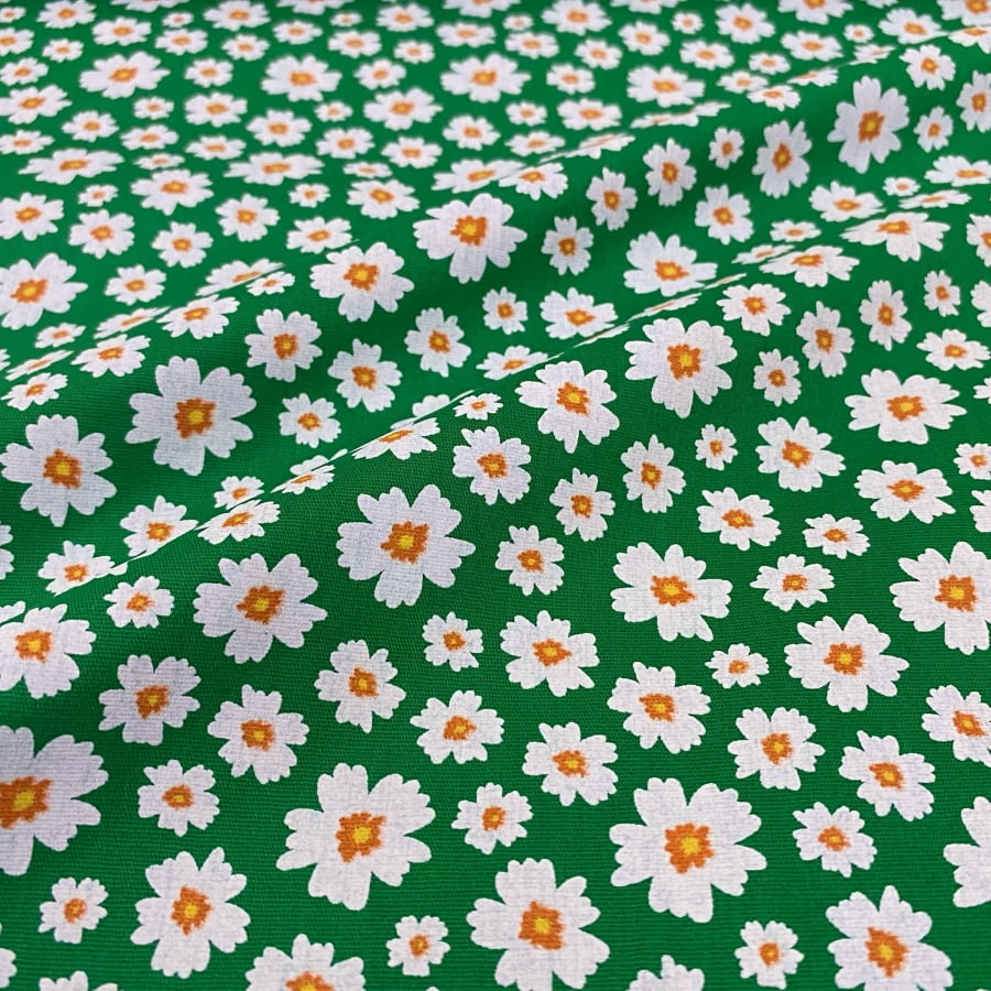 Tecido Tricoline Floral Flores Brancas Fundo Verde Escuro