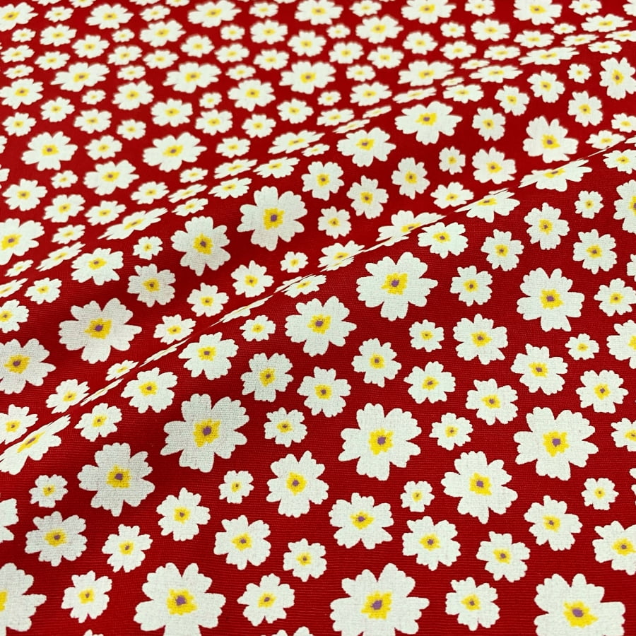 Tecido Tricoline Floral Flores Brancas Fundo Vermelho