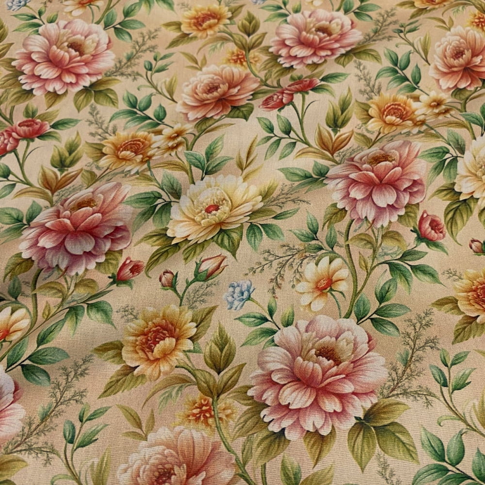 Tecido Tricoline Floral Flores Grandes Estilo Boho Fundo Bege