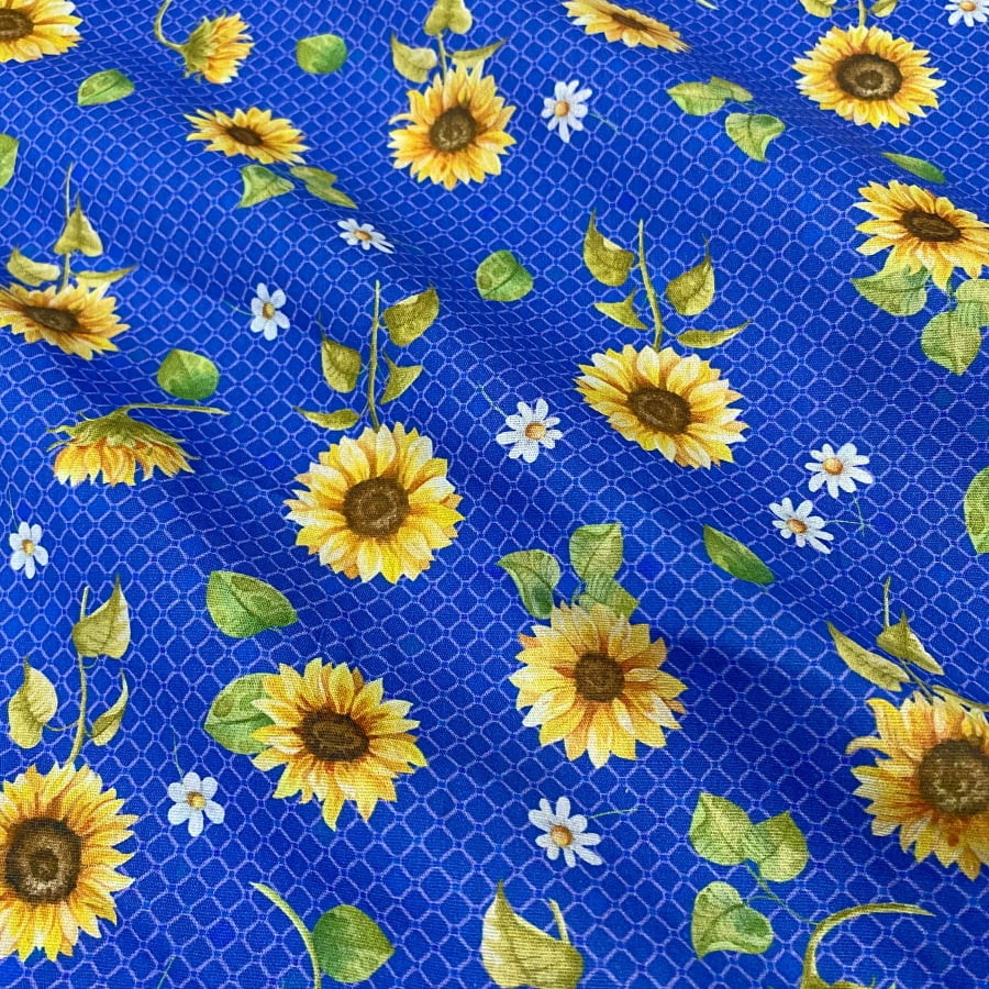 Tecido Tricoline Floral Girassol Fundo Azul