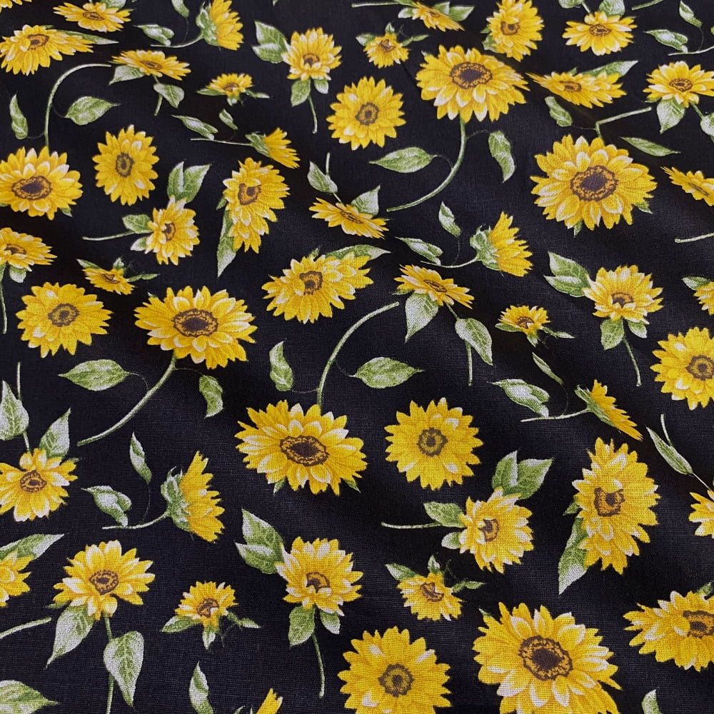 Tecido Tricoline Floral Girassol Fundo Preto