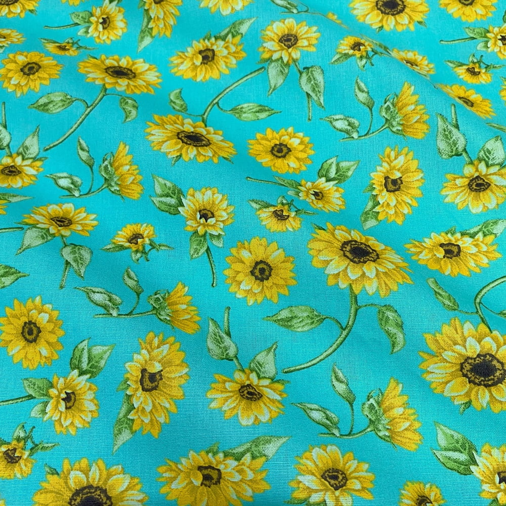 Tecido Tricoline Floral Girassol Fundo Tiffany