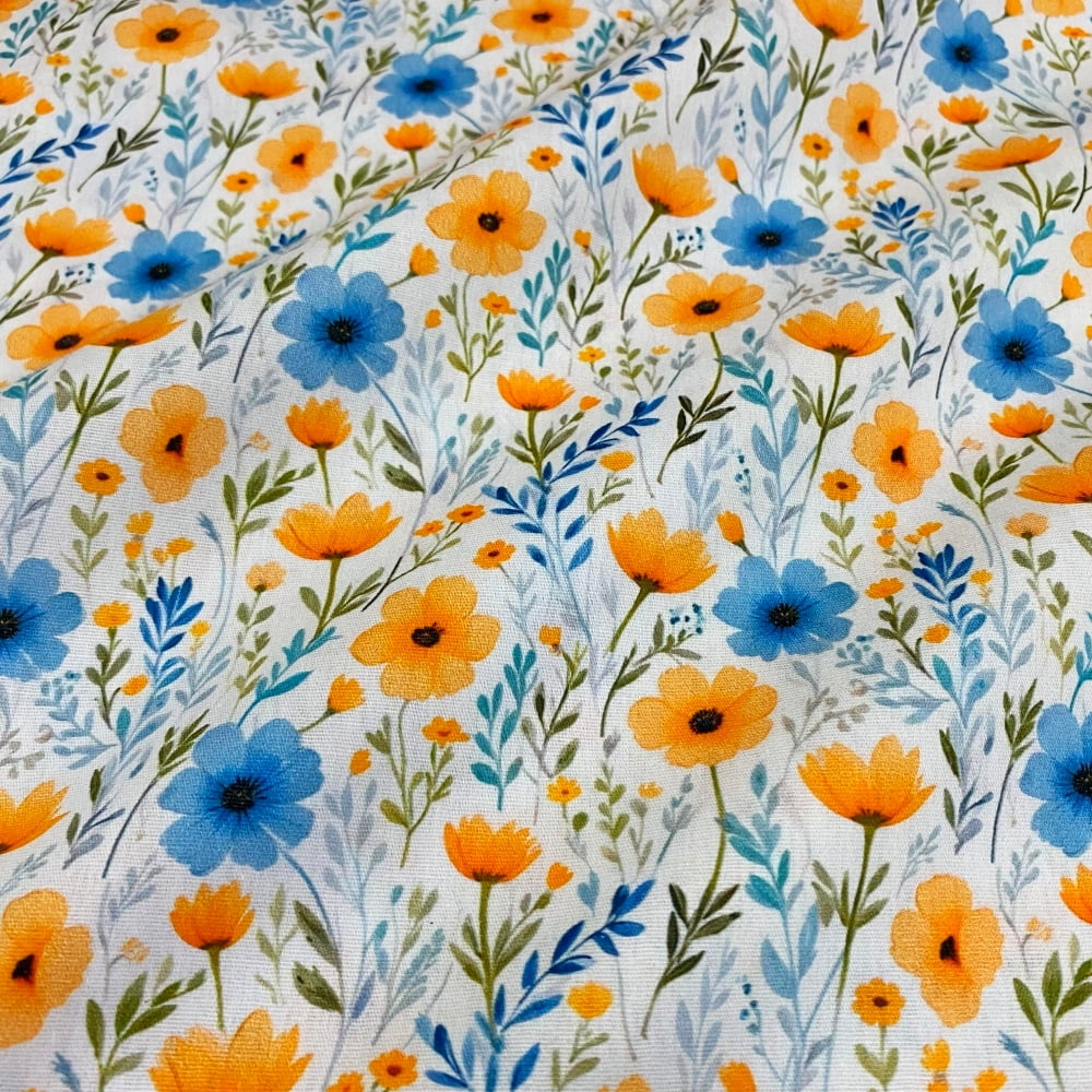 Tecido Tricoline Floral Laranja e Azul Fundo Off