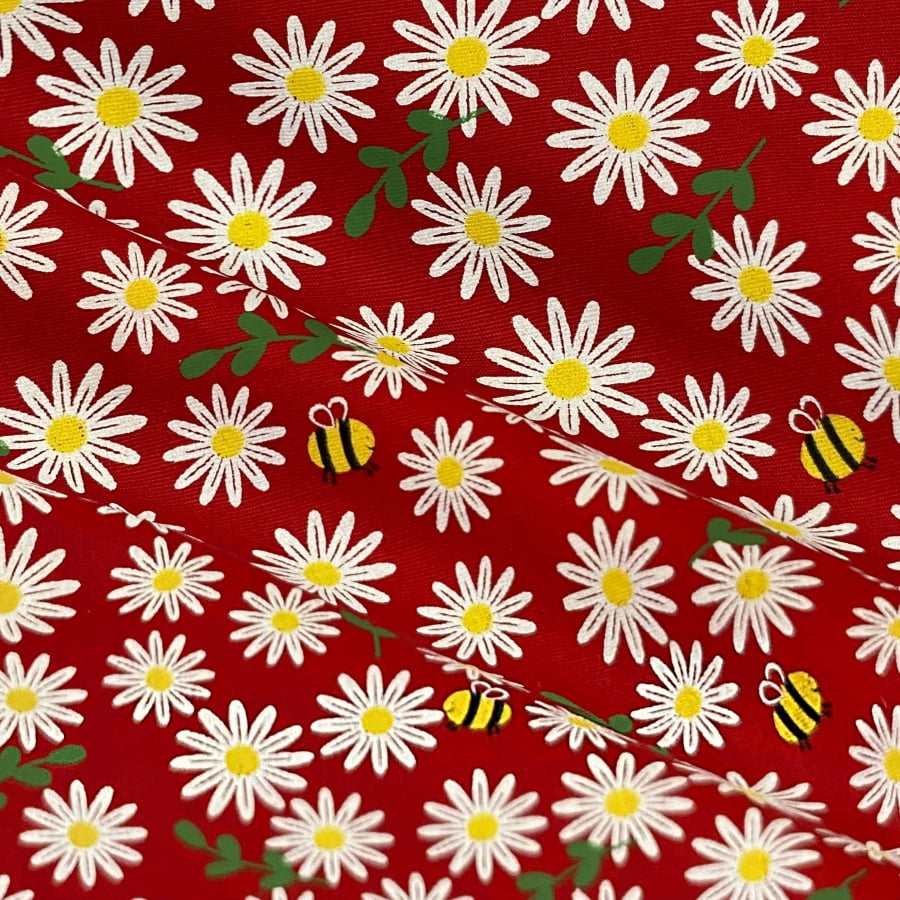 Tecido Tricoline Floral Margarida e Abelhas  Fundo Vermelho