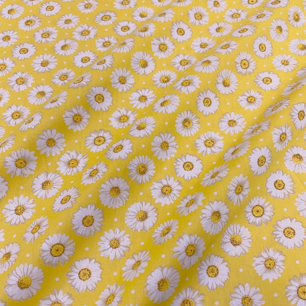 Tecido Tricoline Floral Margaridas Fundo Amarelo