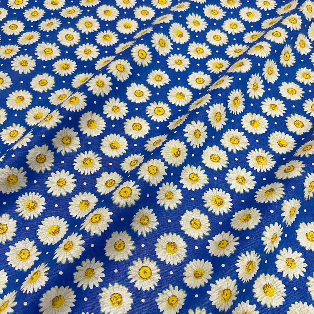 Tecido Tricoline Floral Margaridas Fundo Azul Royal