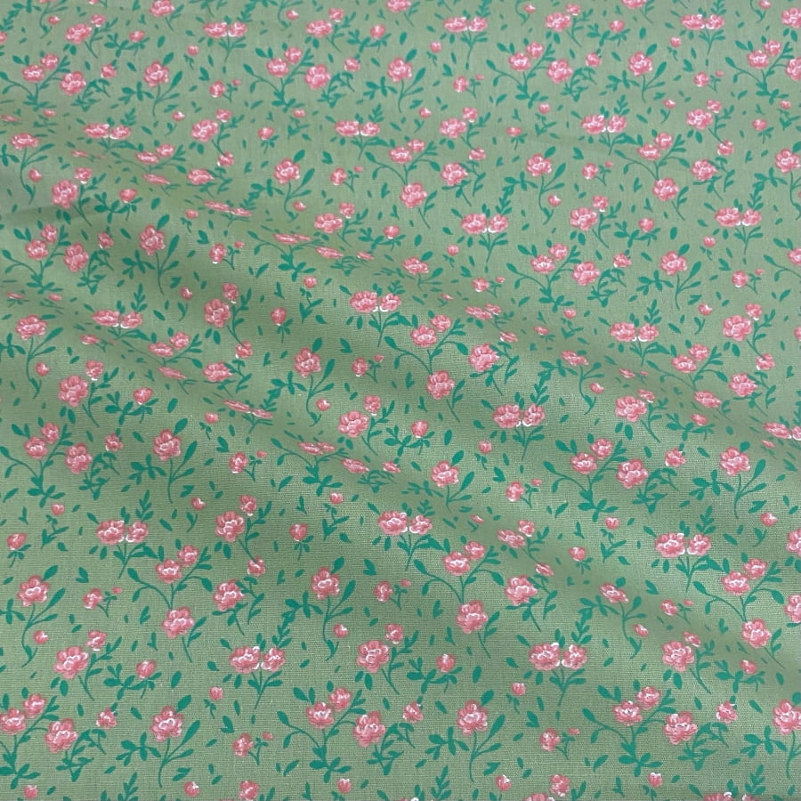 Tecido Tricoline Floral Mini Rosas Fundo Verde Medio