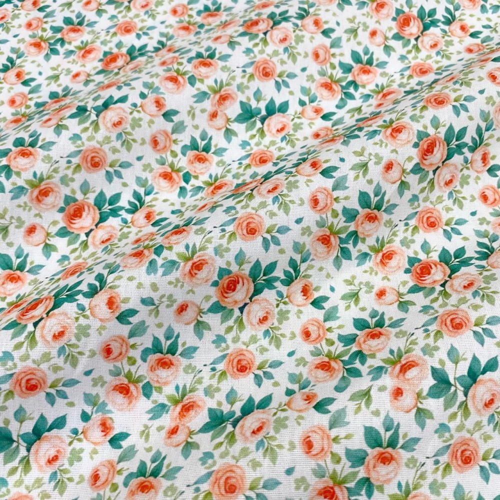 Tecido Tricoline Floral Mini Rosas Salmão Fundo Branco