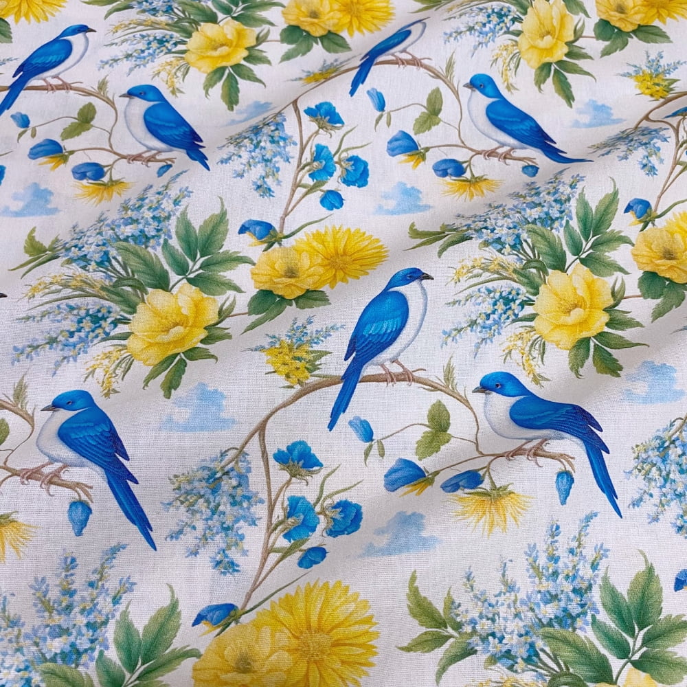 Tecido Tricoline Floral Passaros Azul Amarelo Fundo Branco