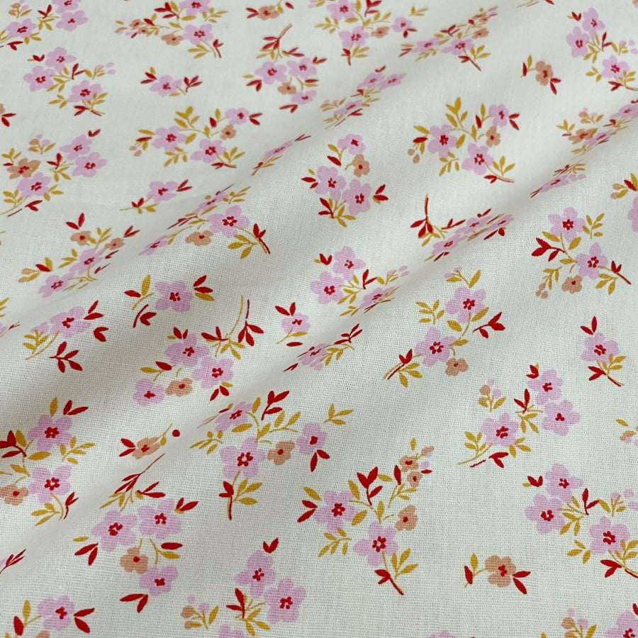 Tecido Tricoline Floral Ramalhete de Flor Rosa Fundo Cru