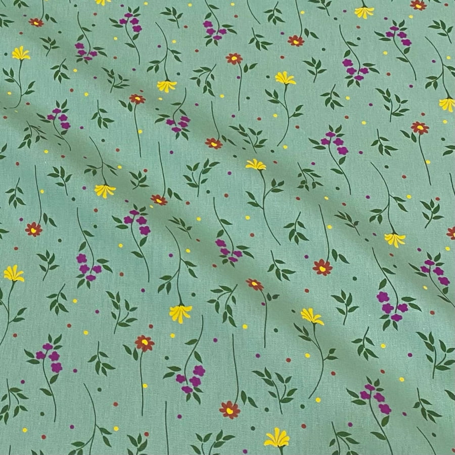 Tecido Tricoline Floral Ramo de Flores Fundo Verde Medio