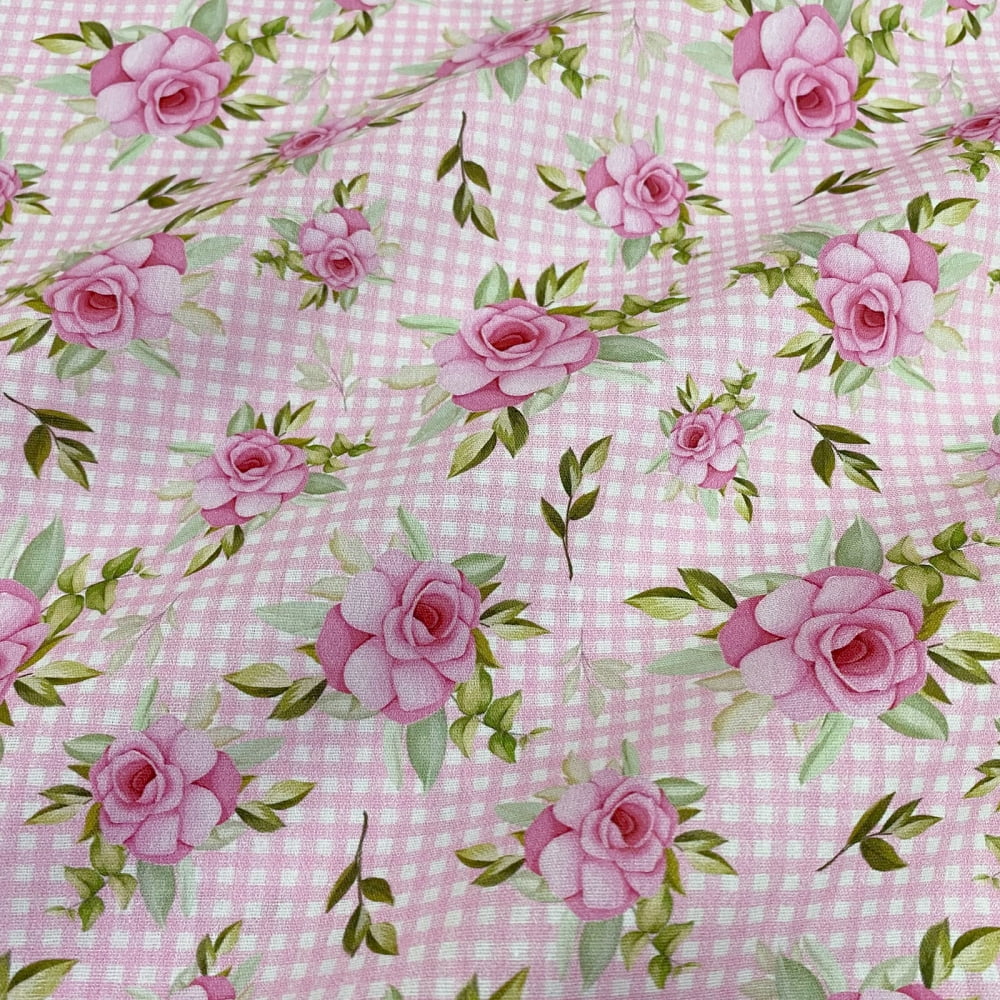 Tecido Tricoline Floral Rosas Fundo Rosa