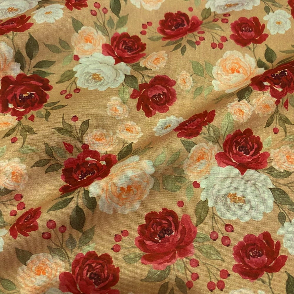 Tecido Tricoline Floral  Rosas Grandes Vintage Fundo Ocre