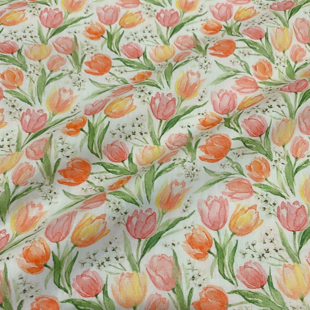 Tecido Tricoline Floral Tulipas Delicadas Fundo Branco