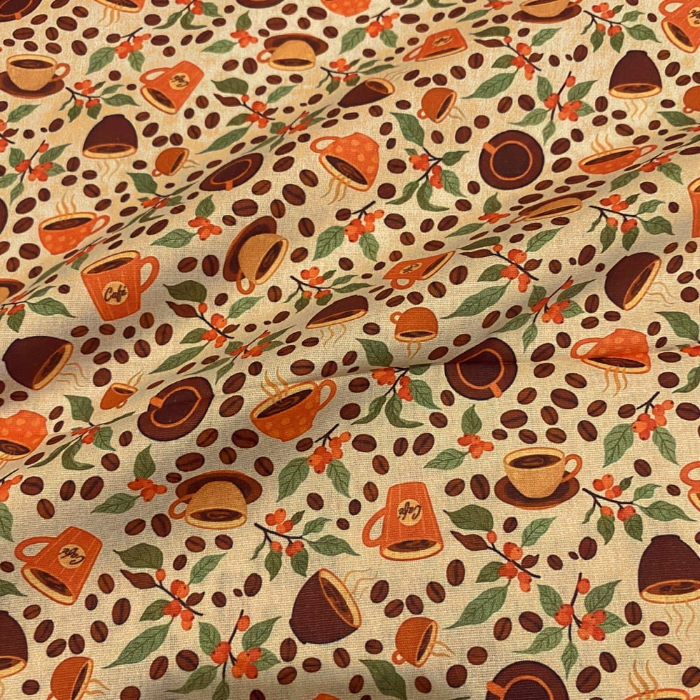 Tecido Tricoline Fruto Grão e Xicara de Café