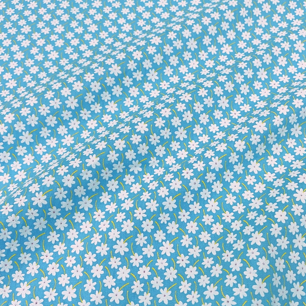 Tecido Tricoline Mini Floral Branco Fundo Azul