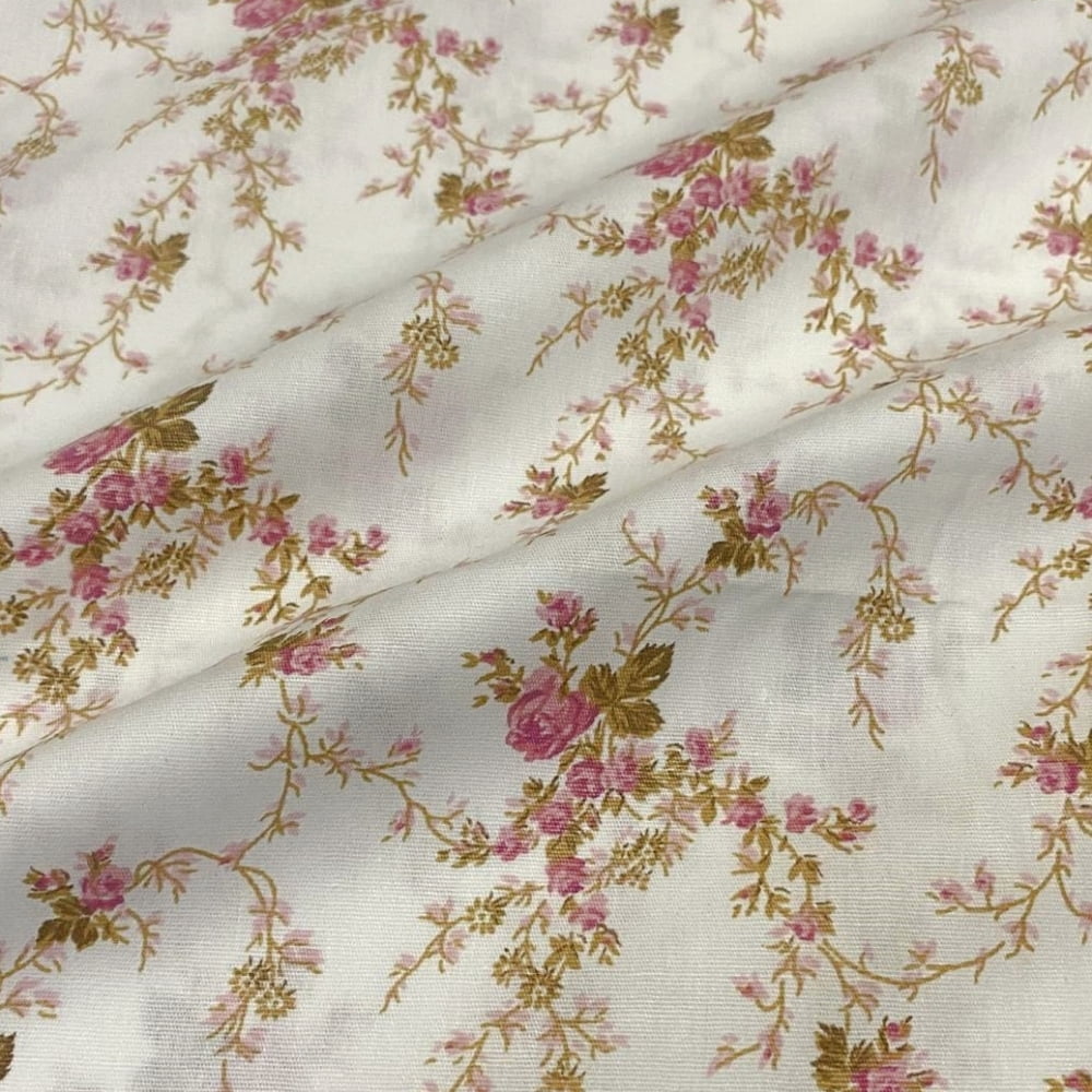 Tecido Tricoline Mini Floral e Folhas Romântico Rosa e Folhas Douradas