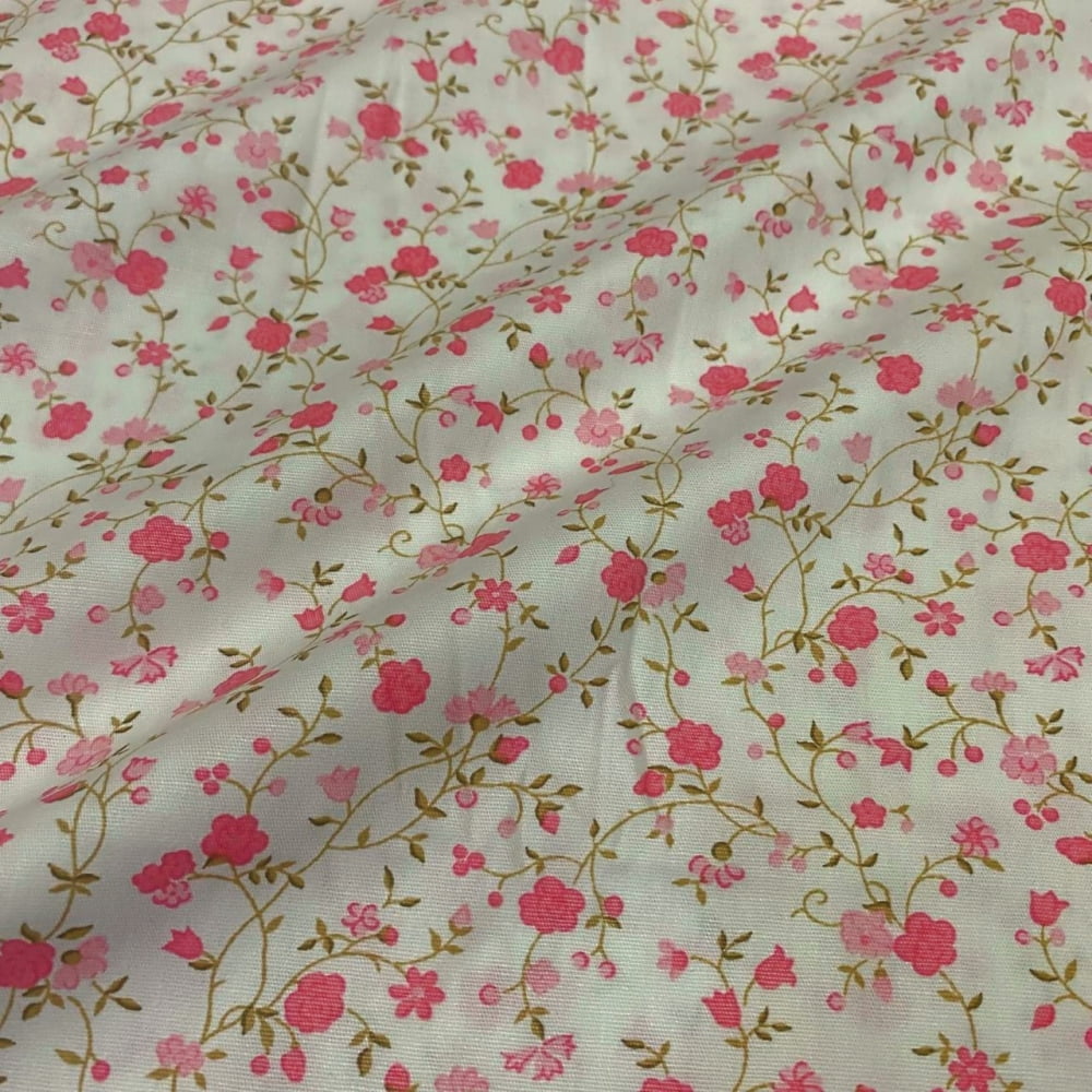 Tecido Tricoline Mini Floral Entrelaçado Rosa