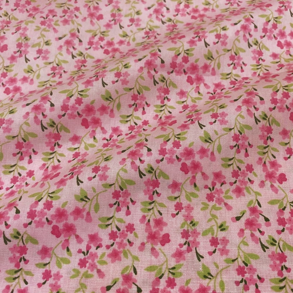 Tecido Tricoline Mini Floral Fofo Rosa Fundo Rosa