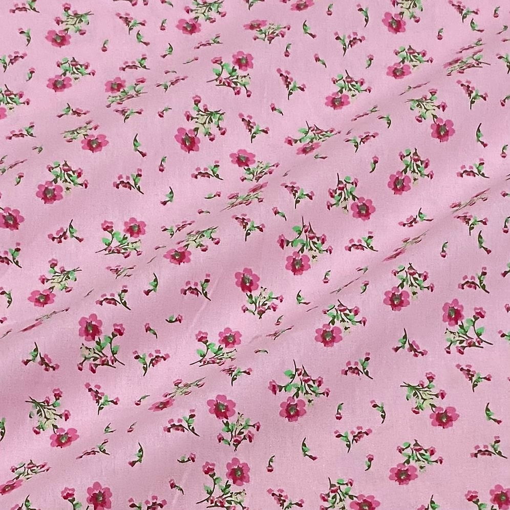 Tecido Tricoline Mini Floral Pink Fundo Rosa