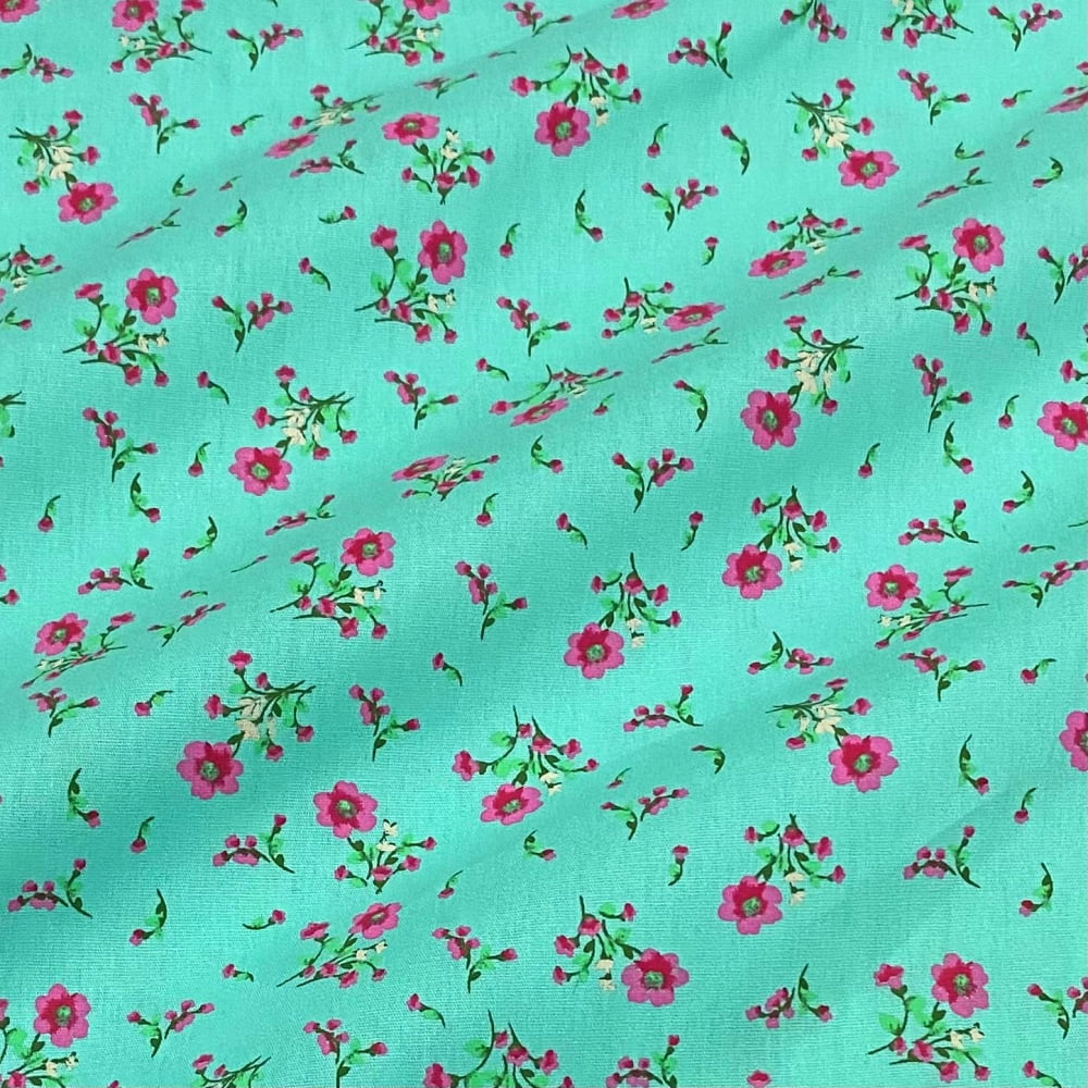 Tecido Tricoline Mini Floral Pink Fundo Tiffany