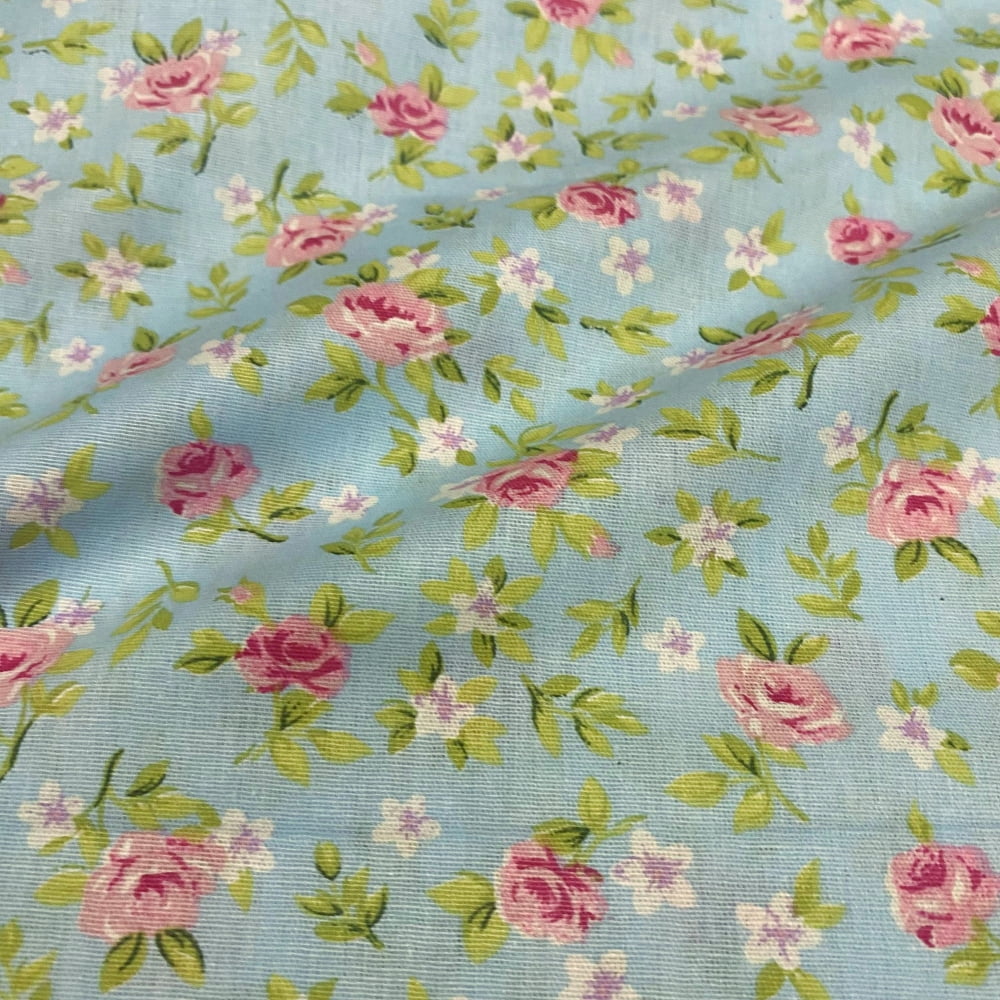 Tecido Tricoline Mini Floral Rosas Fundo Azul