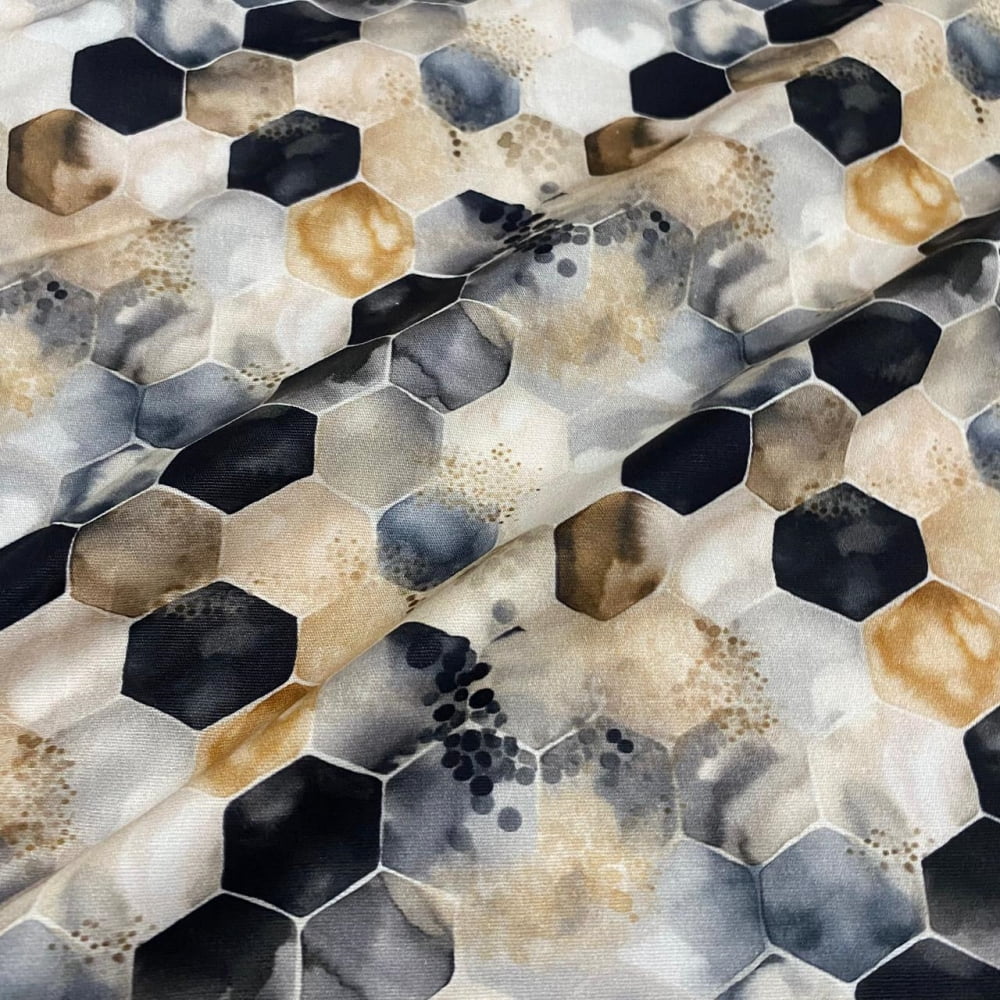 Tecido Tricoline Digital Hexagonos Coleção Dusty Black 