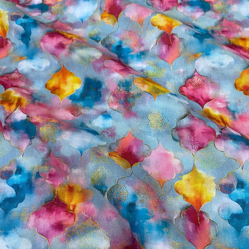 Tecido Tricoline Digital Vitral Aquarela Rosa Amarelo Azul (Joias da Natureza)