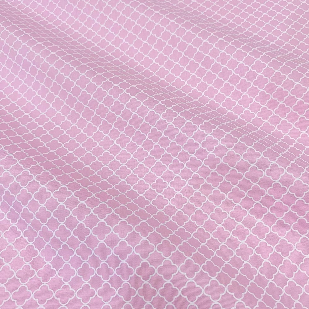 Tecido Tricoline Geometrico Leques Branco e Rosa